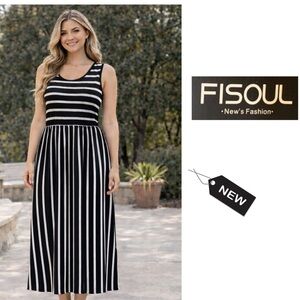 NWT Fisoul black/ White striped casual sleeveless dress with pockets sz M